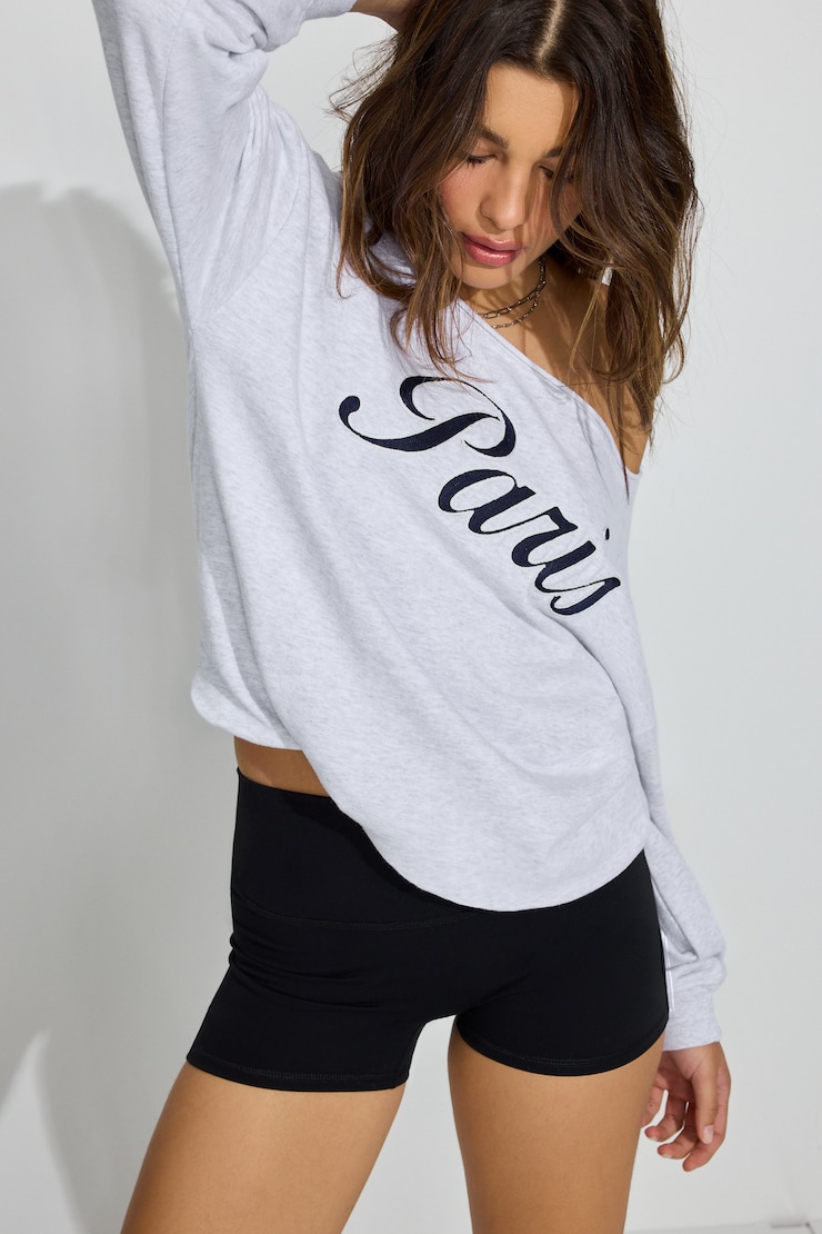 SoftTerry Off Shoulder Sweatshirt, Spring Grey Mix with "Paris"  Art, large