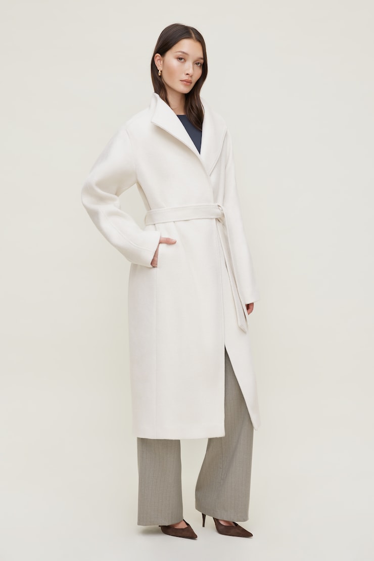 Manteau croisé en laine à ceinture Blanc cassé sel de mer large