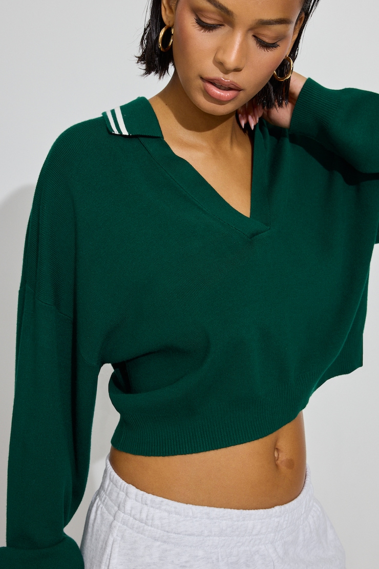 Cropped Boxy Polo Top, Rain Forest Green/Snow White, large