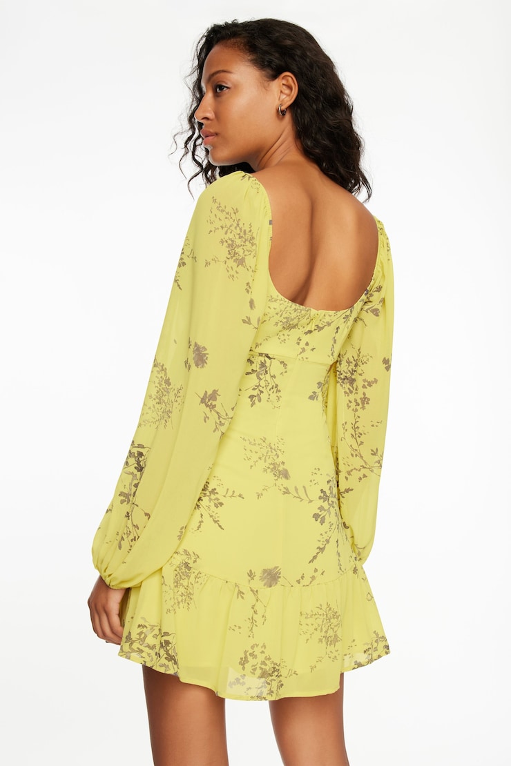 Long Sleeve Flare Mini Dress Yellow Dainty Floral  large