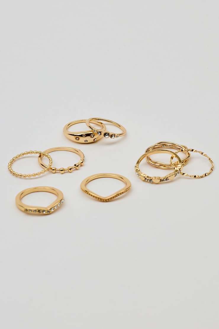 Set of 9 Gemmed & Textured Rings, Clear/Gold, large