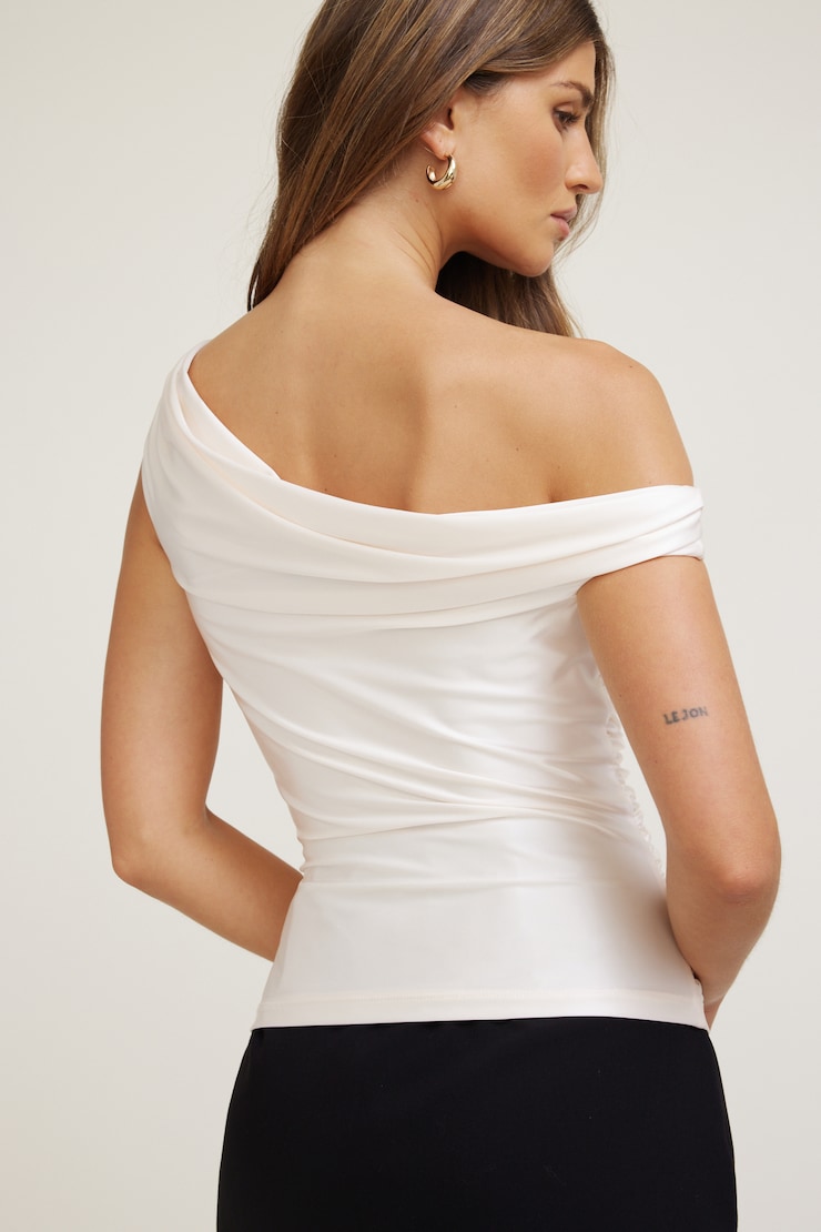 Off Shoulder Stretch Satin Top Sea Salt Off White large