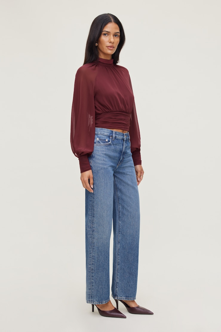 Mock Neck Chiffon Blouse Burgundy | Dynamite