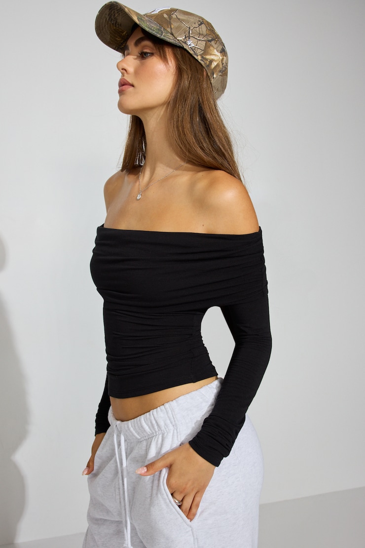 SexyCozy Off Shoulder Long Sleeve Top, Jet Black, large