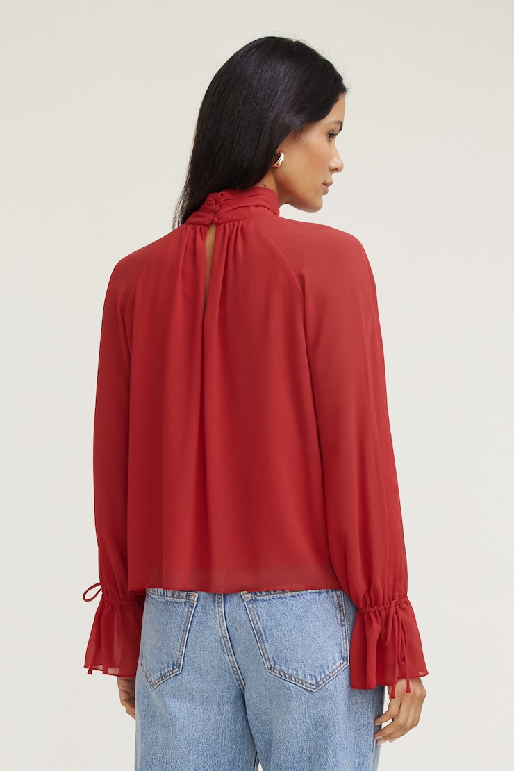Blouse froncée à col montant Rouge piment large
