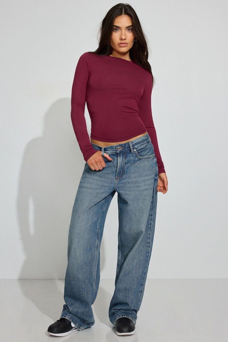 Smooth Long Sleeve Crewneck Top, Sour Cherry Burgundy, large