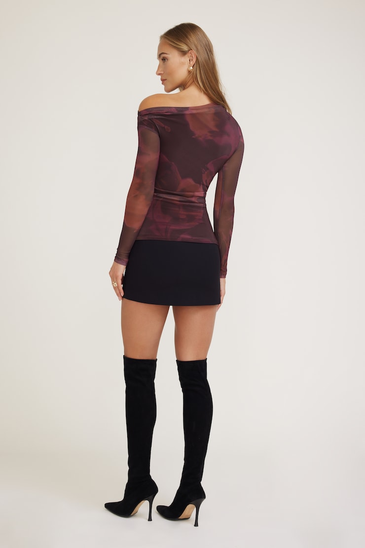 Cleo Printed Mesh Long Sleeve Top Maroon Burgundy Floral large