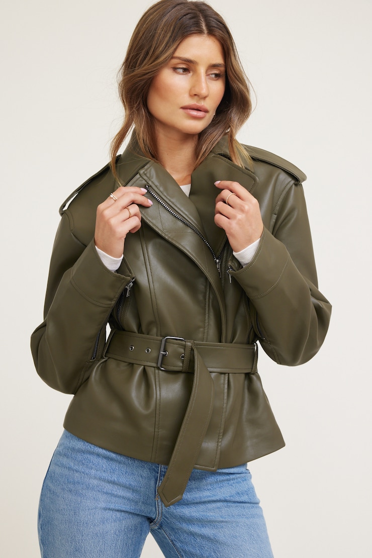 Blouson de moto en faux cuir avec ceinture Kaki mousse tropicale large