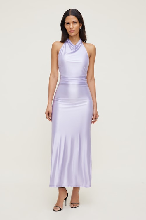 Stretch Satin Halter Maxi Dress - Dynamite - Purple - Women Clothing