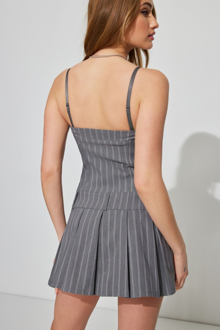 Pleated Drop Waist Mini Dress, Grey/White Stripes, large