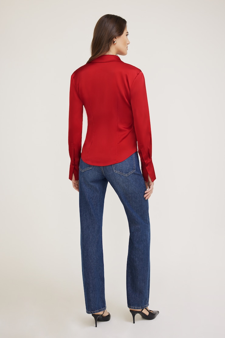 Eva Cinched Satin Shirt Chili Pepper Red large