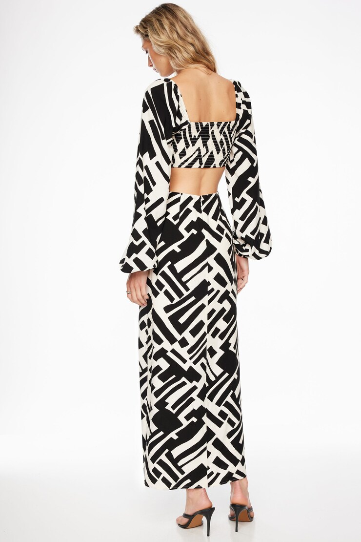 Long Sleeve Cut Out Maxi Dress Black & White Abstract Print large