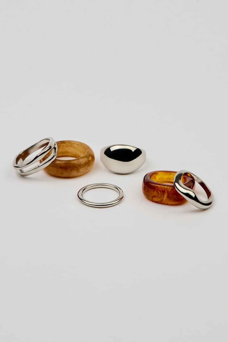 Set of 6 Resin & Dome Rings, Silver/Amber, large