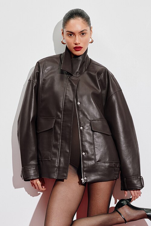 Oversized Faux Leather Aviator Jacket Brown | Dynamite