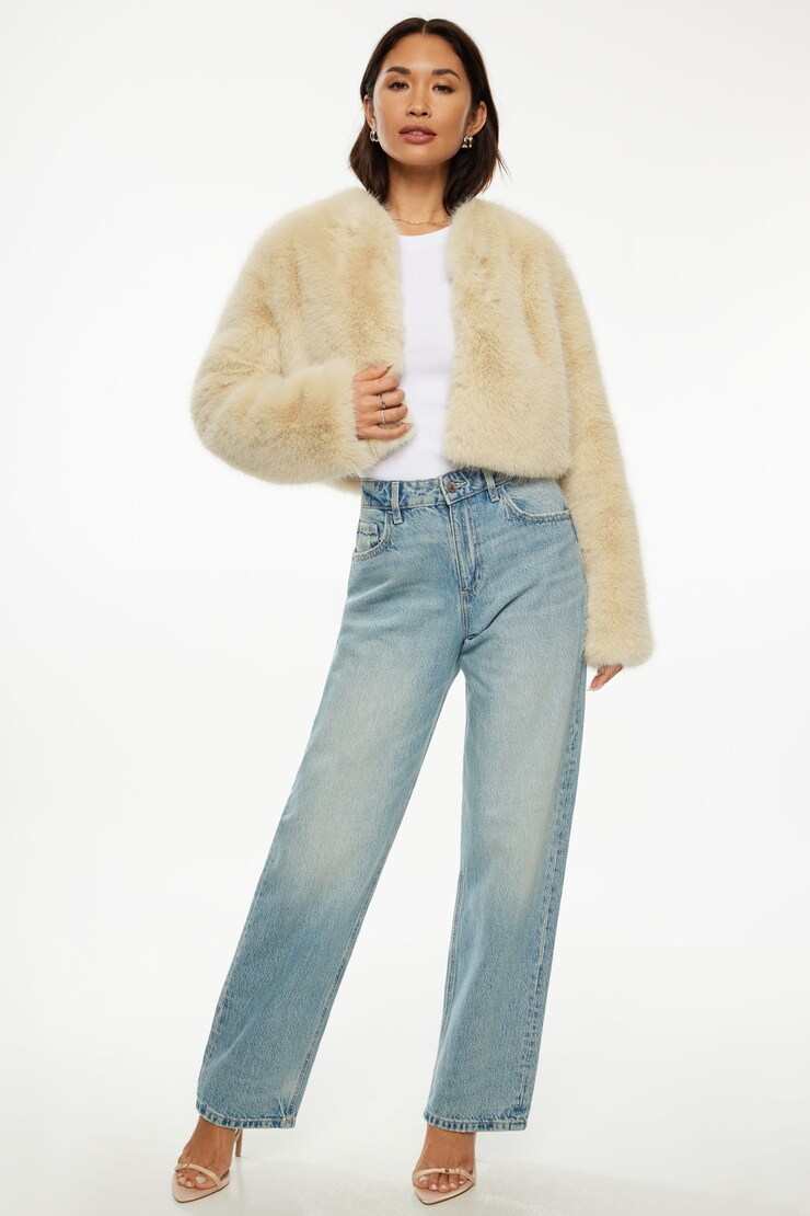 Faux Fur Cropped Jacket Almond Cookie large