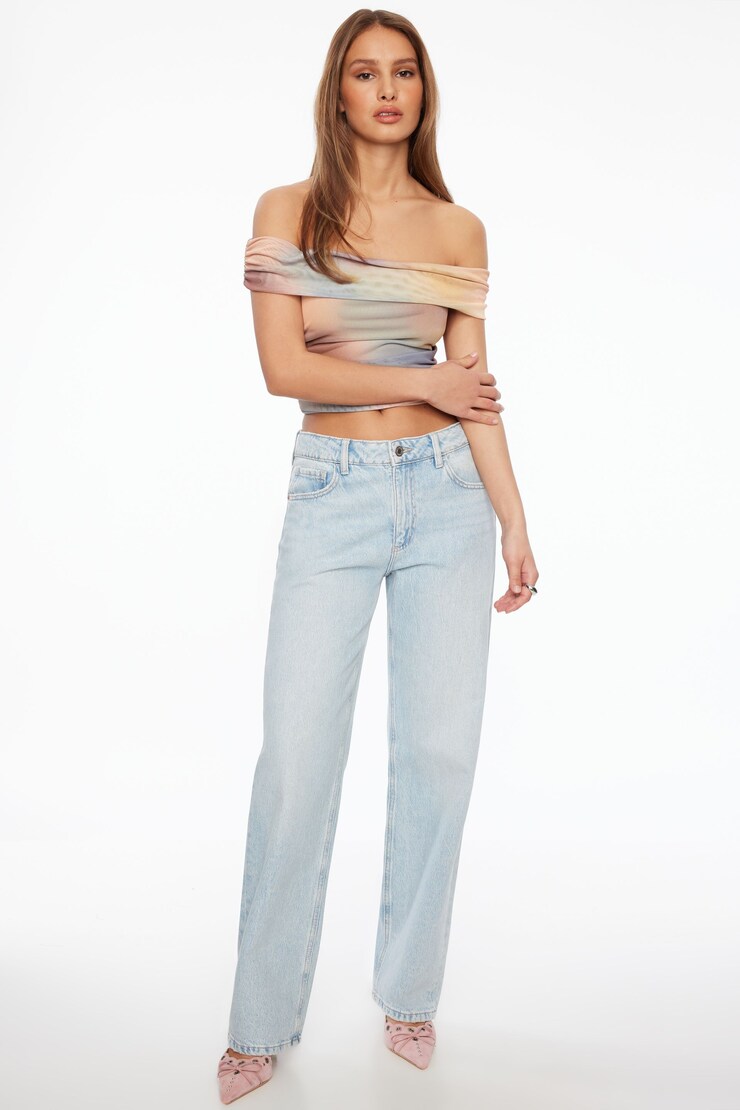 Off Shoulder Floral Mesh Top Watercolour Blur large