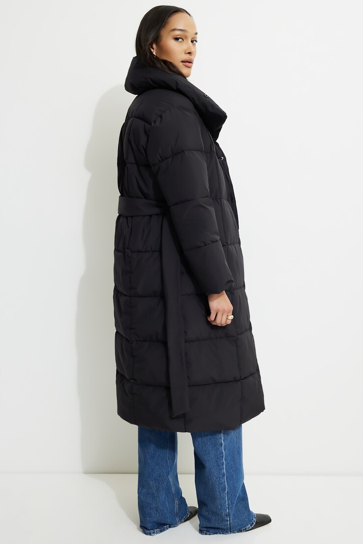 Manteau maxi matelassé à ceinture Noir encre large