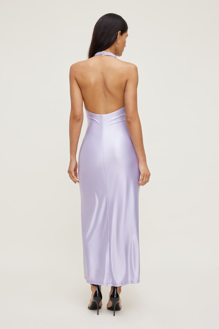 Stretch Satin Halter Maxi Dress Purple Heather large