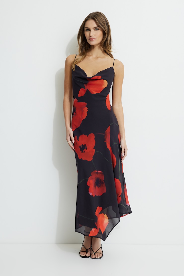 Celeste Asymmetric Maxi Slip Dress Black/Red Puppies suit large