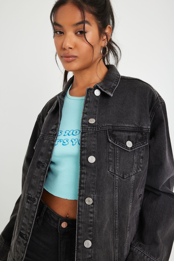 Boyfriend Denim Jacket - Black, Black, large