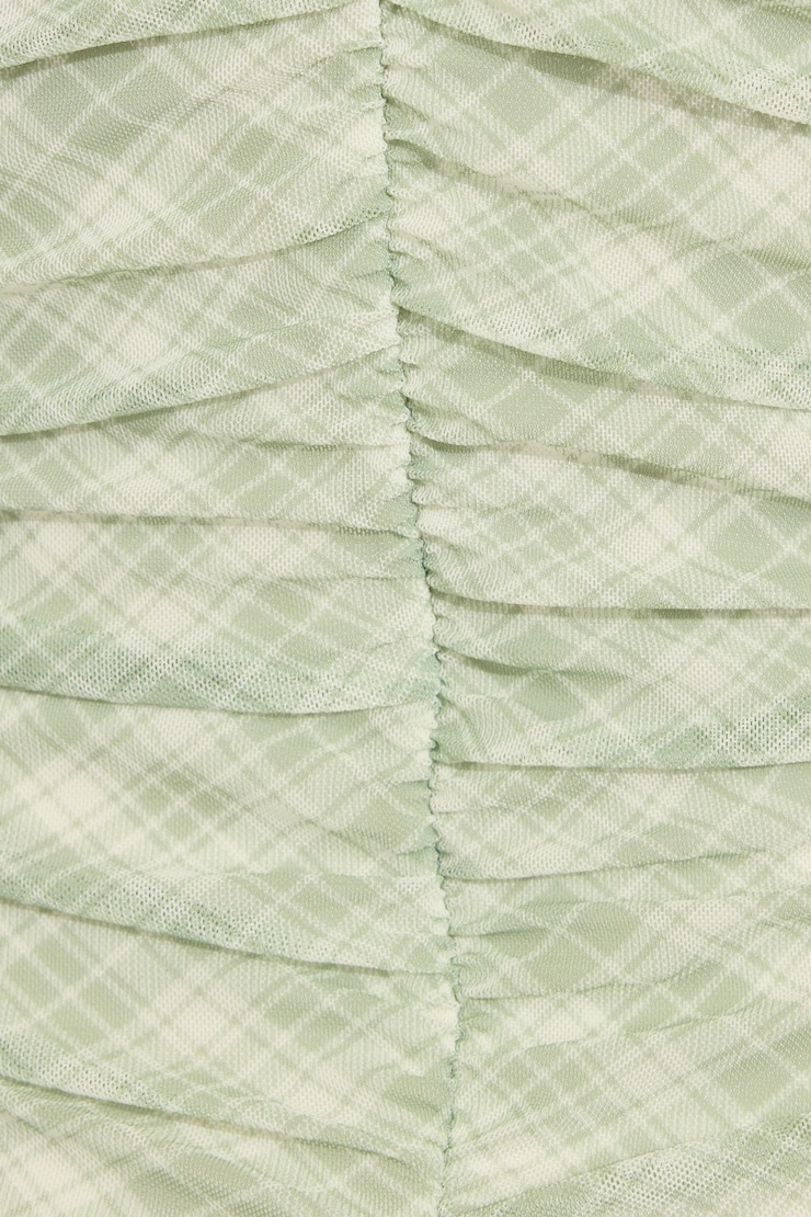 Ruched Mesh Mini Dress, Green/White Plaid, large