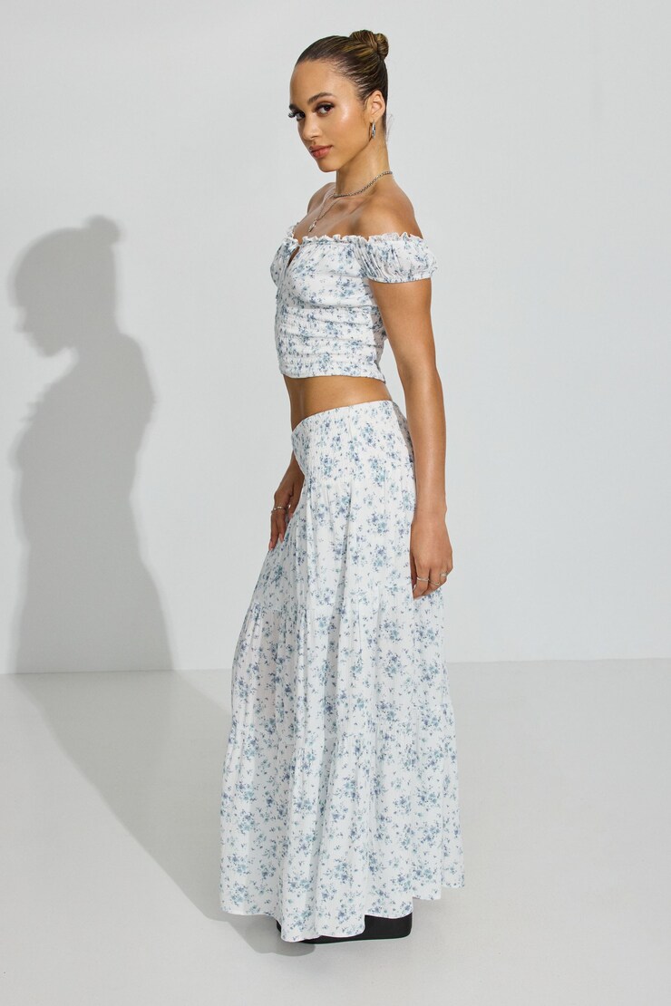Eliana Smocked Peasant Midi Skirt, White Pretty Bouquet, large