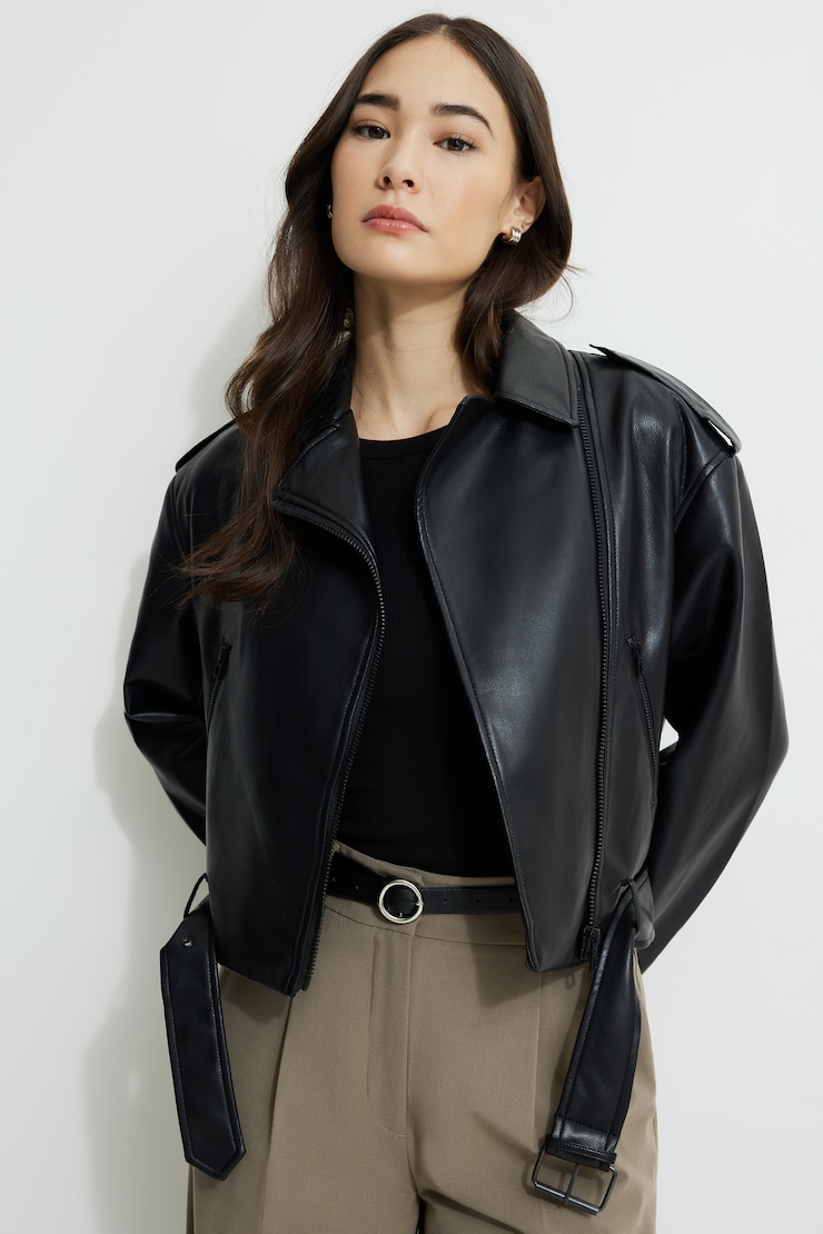 Belted Faux Leather Biker Jacket Jet Black large