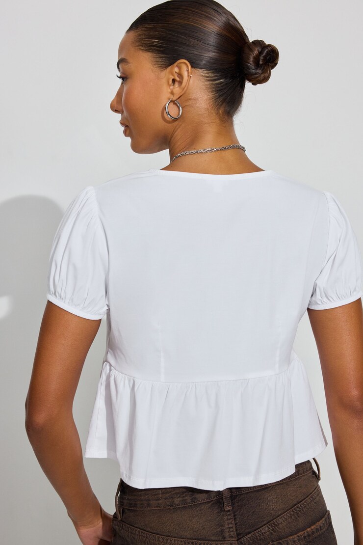 Tie Front Puff Sleeve Top, Bright White, large