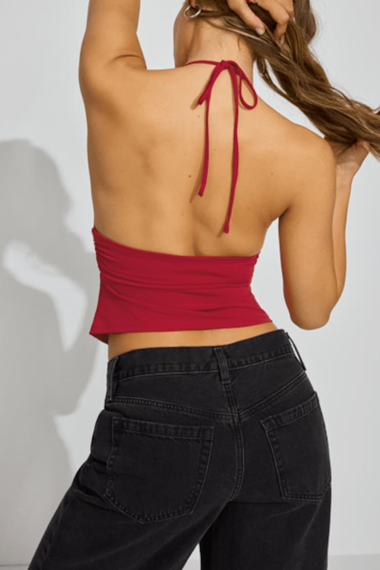 Plunge Halter Hankerchief Top, Jester Red, large