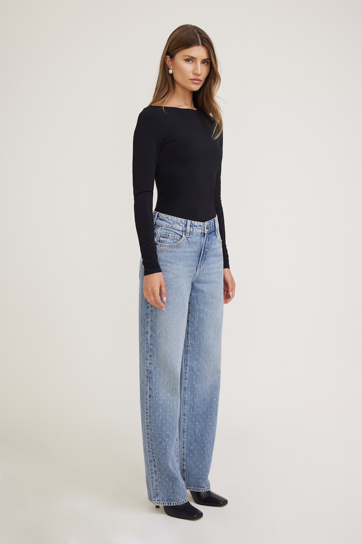 Mika Rhinestone Mid Rise Relaxed Straight Leg Jeans Medium Indigo / Rhinestone Miles Away large