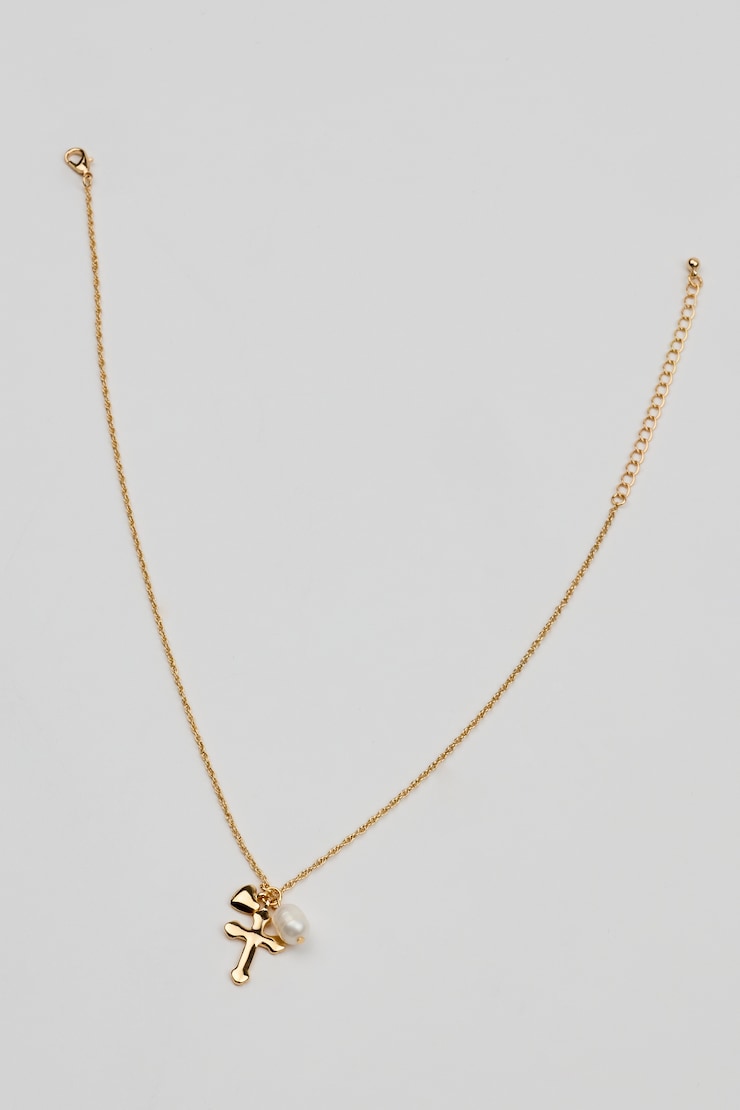 Cross, Pearl, & Heart Necklace, Off-White/Gold, large