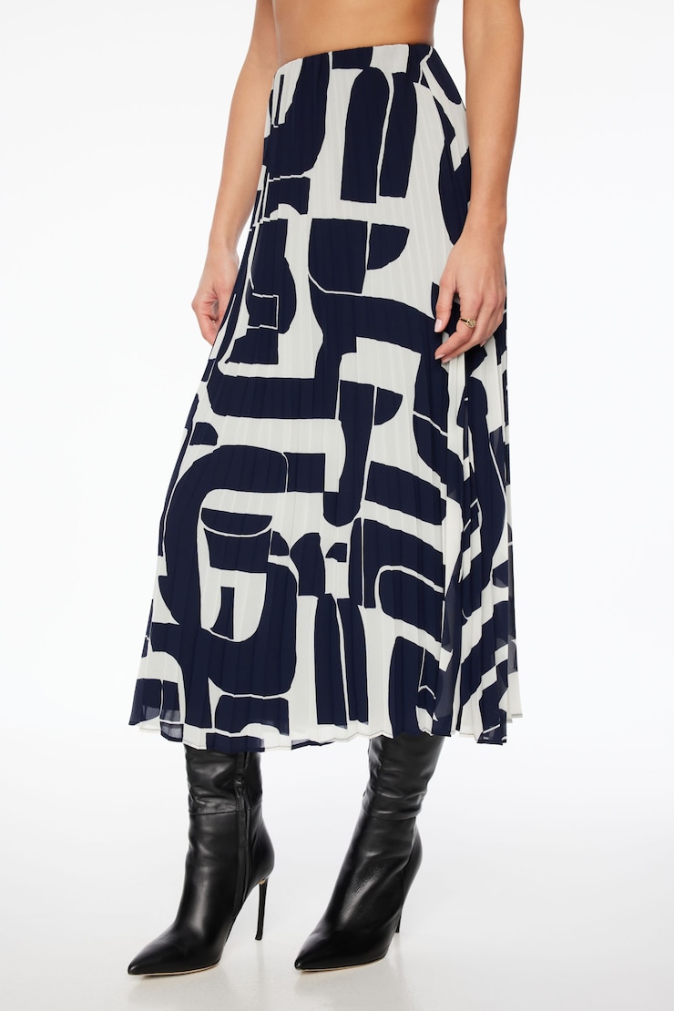 Laure Pleated Chiffon Maxi Skirt  Navy & Cream Abstract large