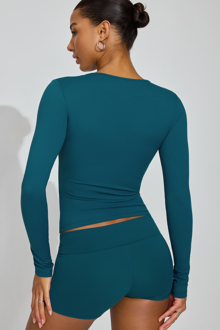 Sleek Crewneck Long Sleeve Top, Teal Tease, large