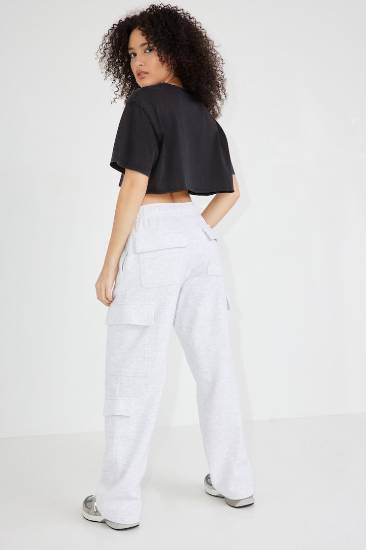 Pantalon de jogging cargo en molleton, Mélange gris printanier, large