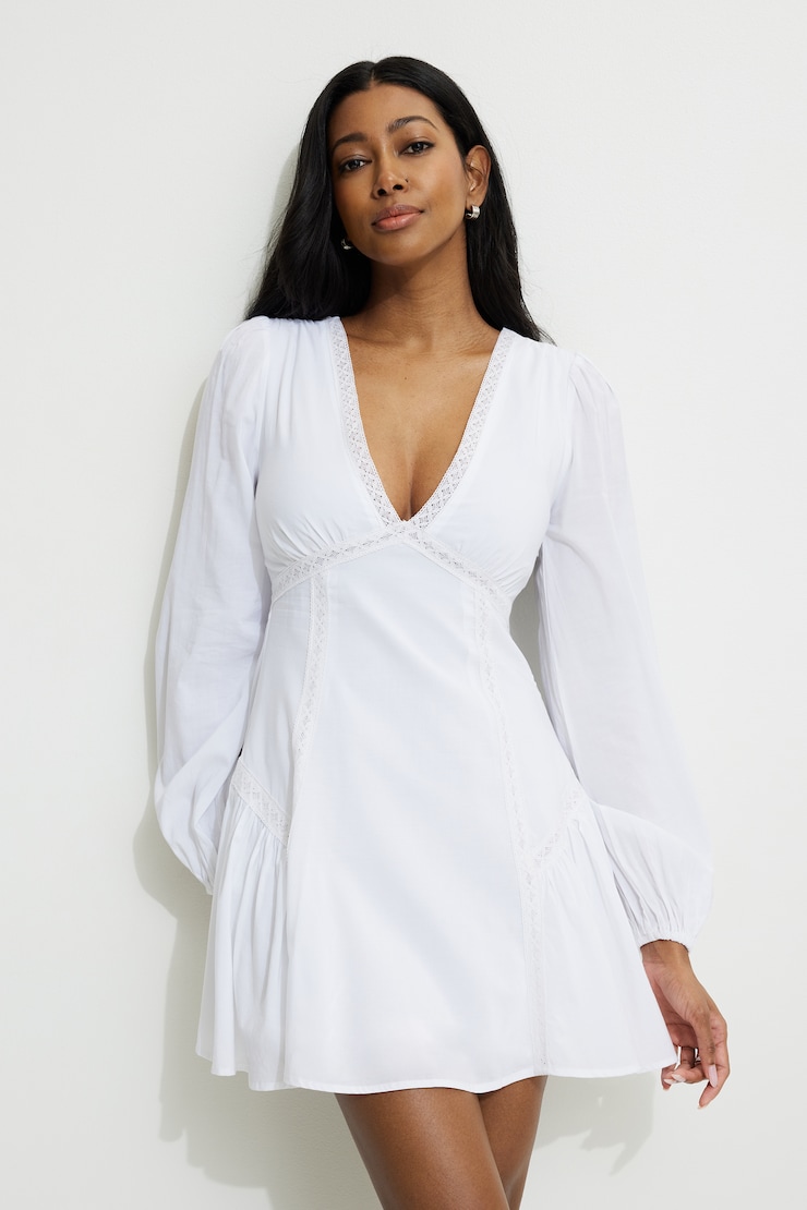 Flared Lace Trim Mini Dress White | Dynamite