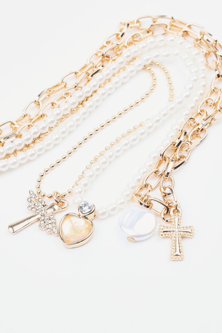 Set of 3 Heart, Wing, & Cross Necklace, Off White/Gold, large