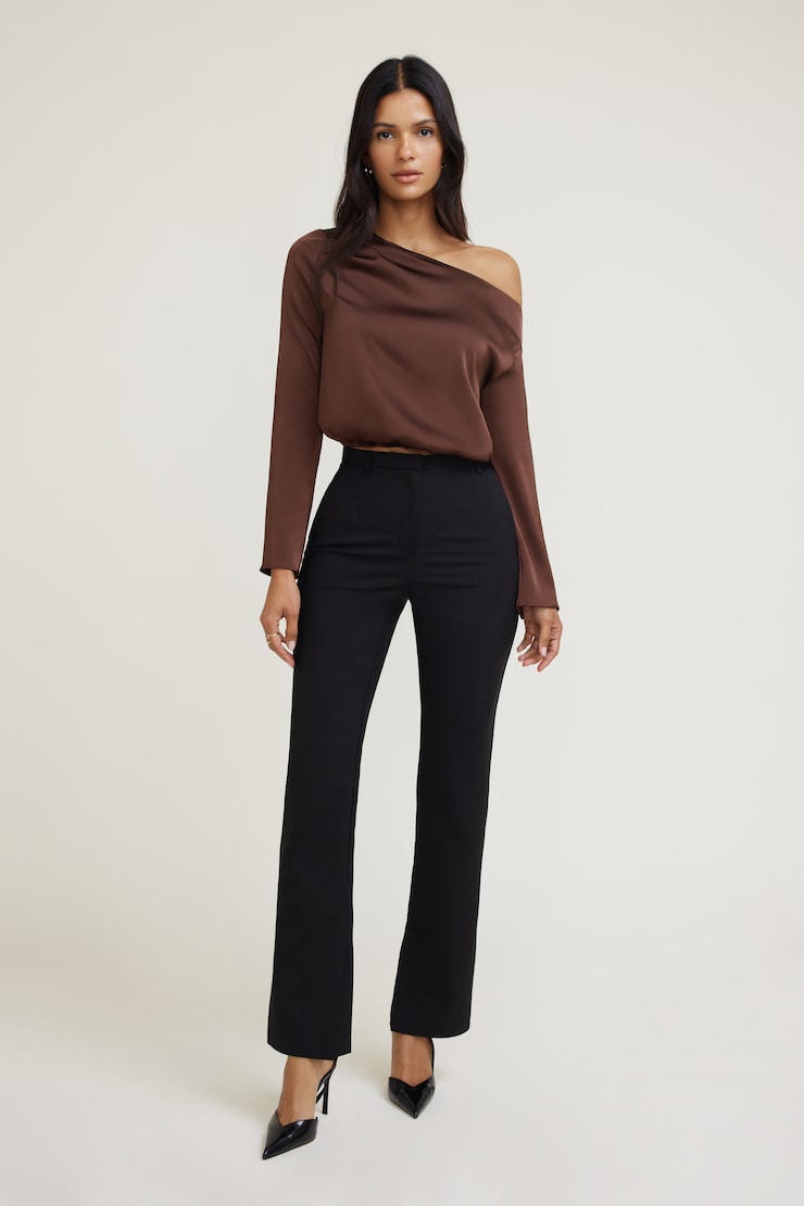Off Shoulder Satin Blouse Brown | Dynamite