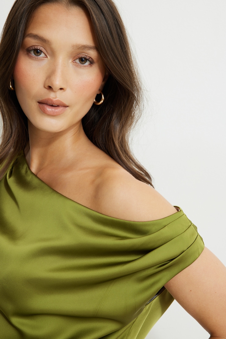 Draped Off Shoulder Satin Top