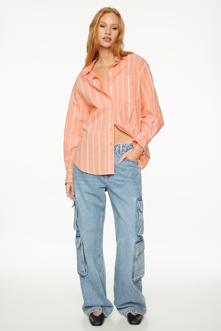 Chemise Frida rayée ample à boutons Corail et fines rayures blanches large