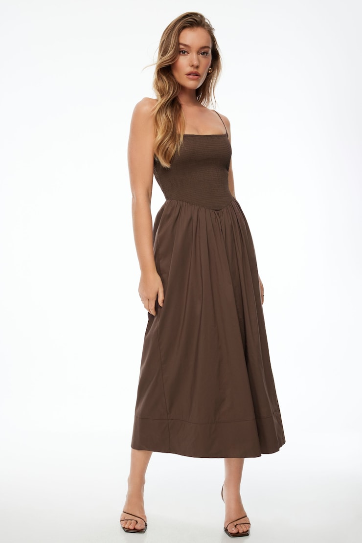 Smocked Poplin Maxi Dress Brown | Dynamite Smocked Poplin Maxi Dress Brown | Dynamite