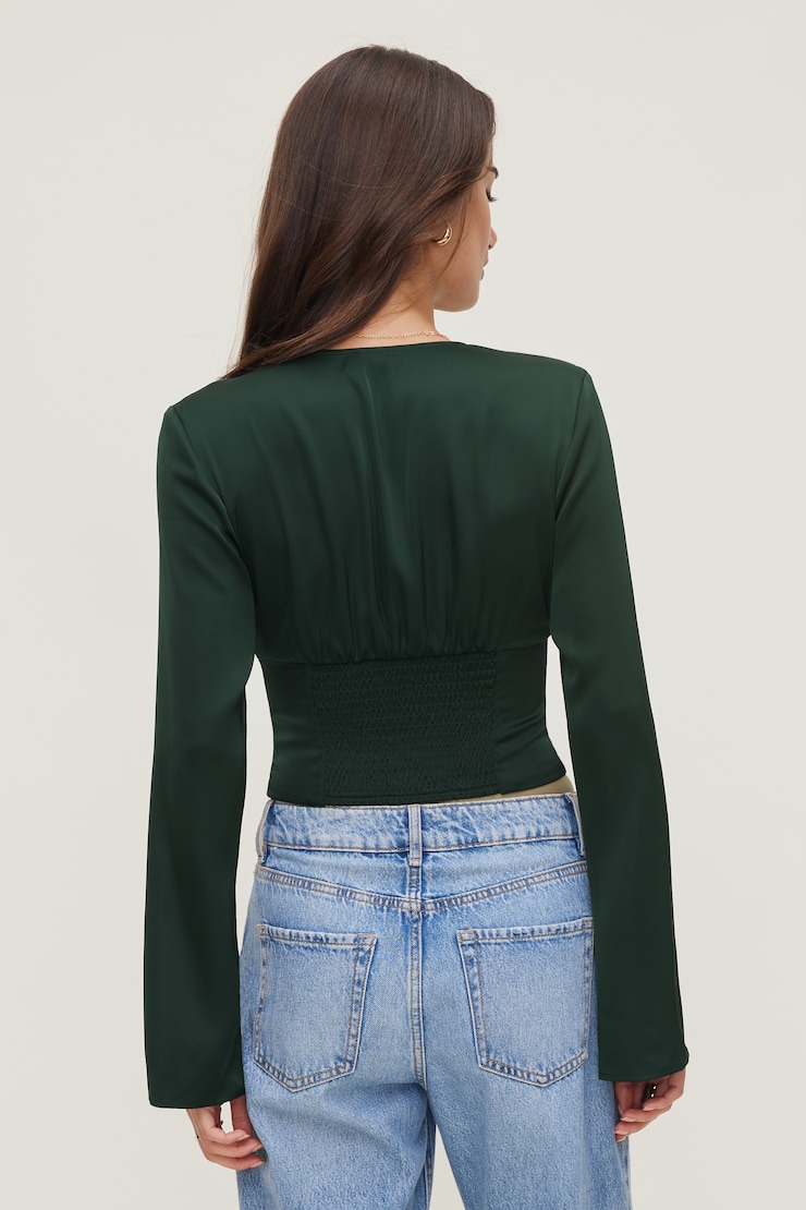 Draped V Neck Satin Blouse Scarab Green large