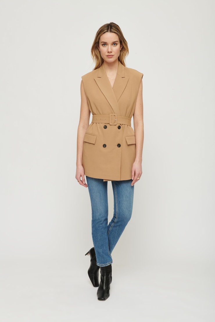 Billie Sleeveless Belted Vest Tan Brown large