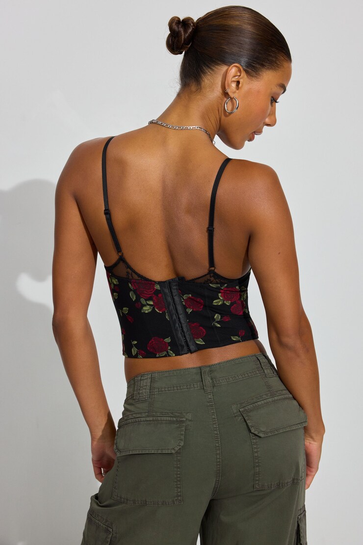 Sabrina Peek-A-Boo Bustier Top, Big Rose Print/Black Lace, large