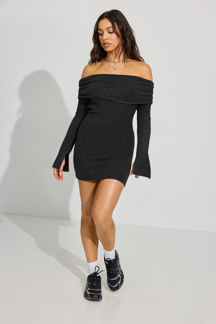 Scarlet Spongy Off Shoulder Dress, Lead Grey Melange, large