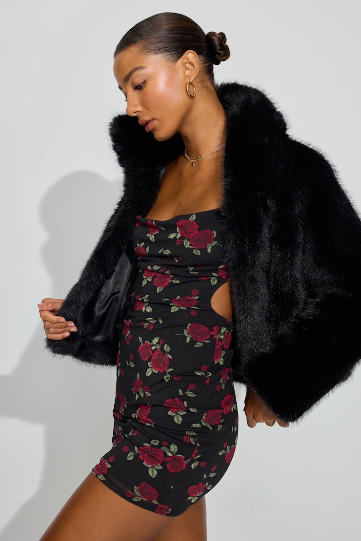 Short Faux Fur Coat, Jet Black, large