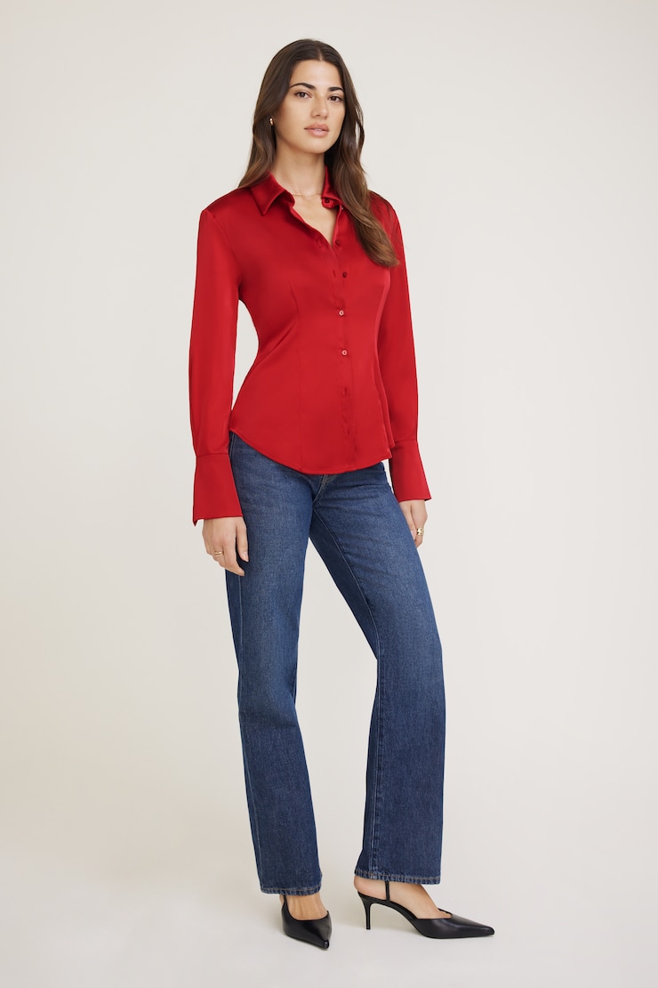 Eva Cinched Satin Shirt Chili Pepper Red large