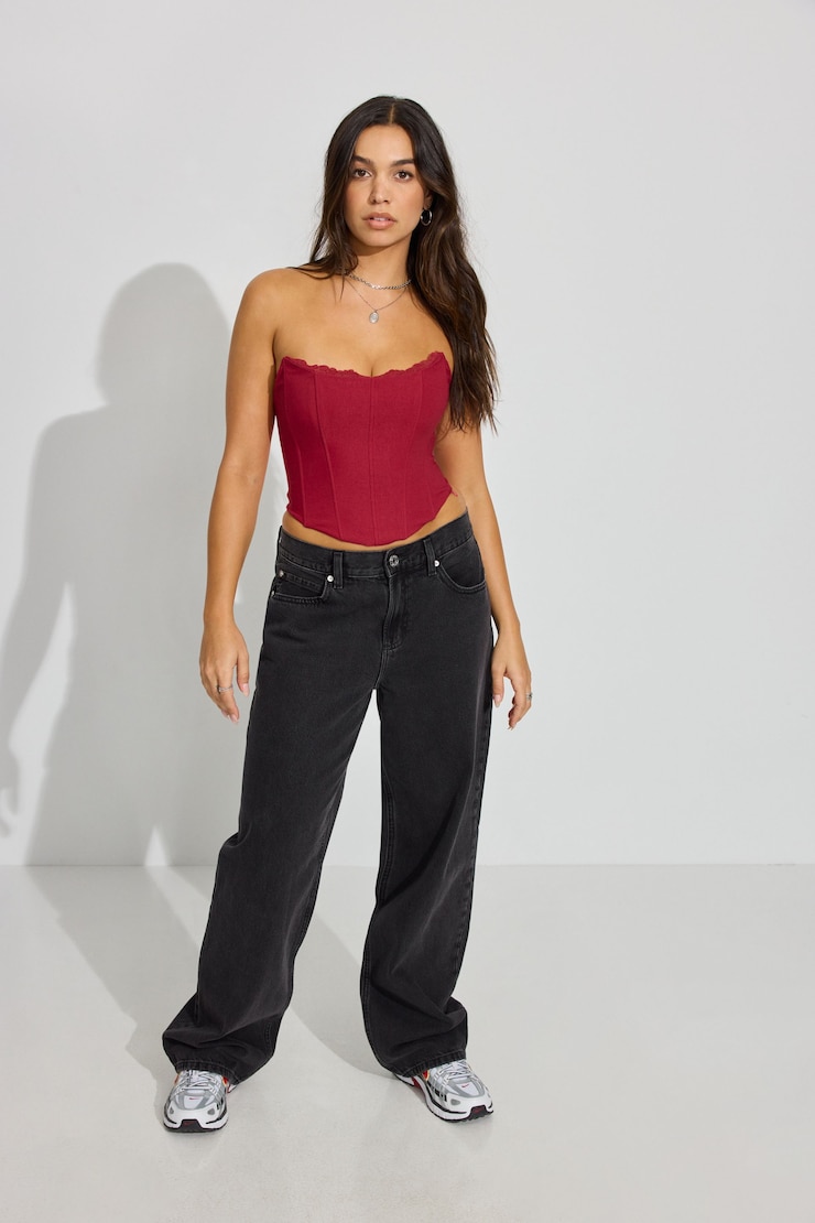 Lace Trim Strapless Bustier, Chili Pepper Red, large