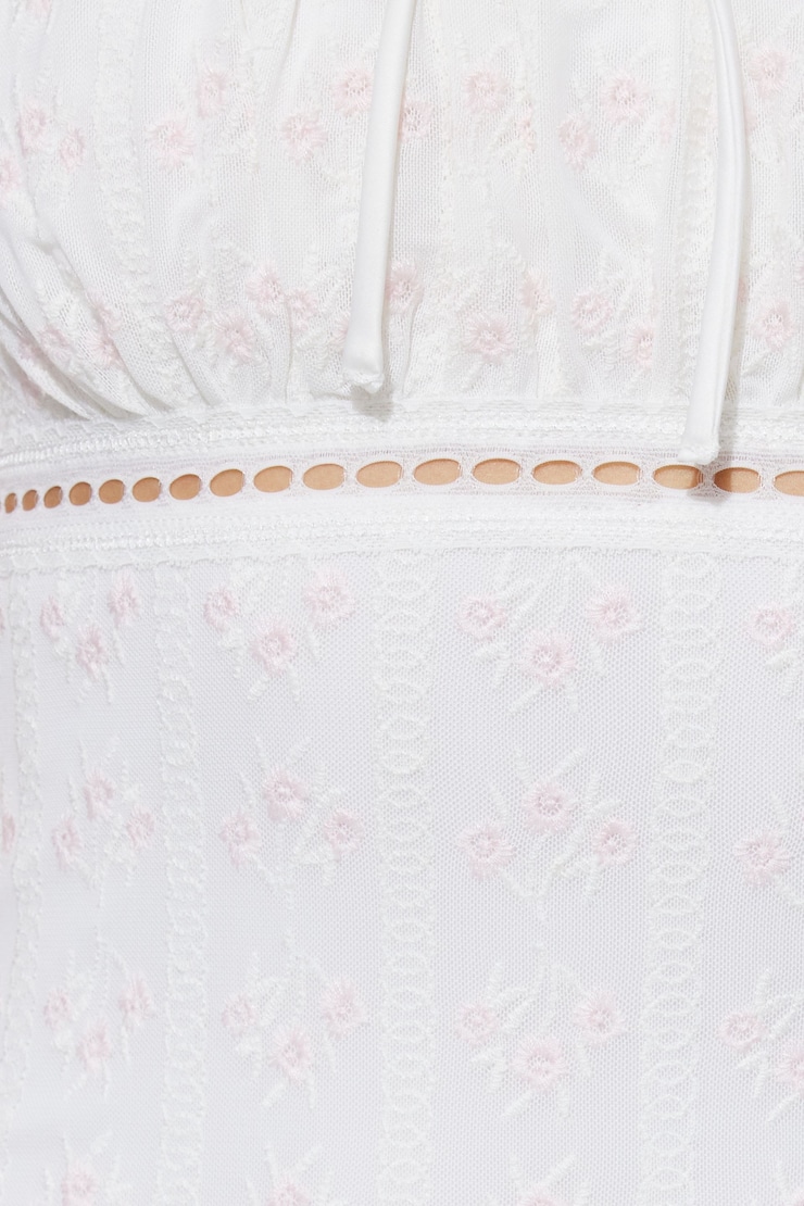 Embroidered Mesh Mini Dress, White/Pink Floral, large