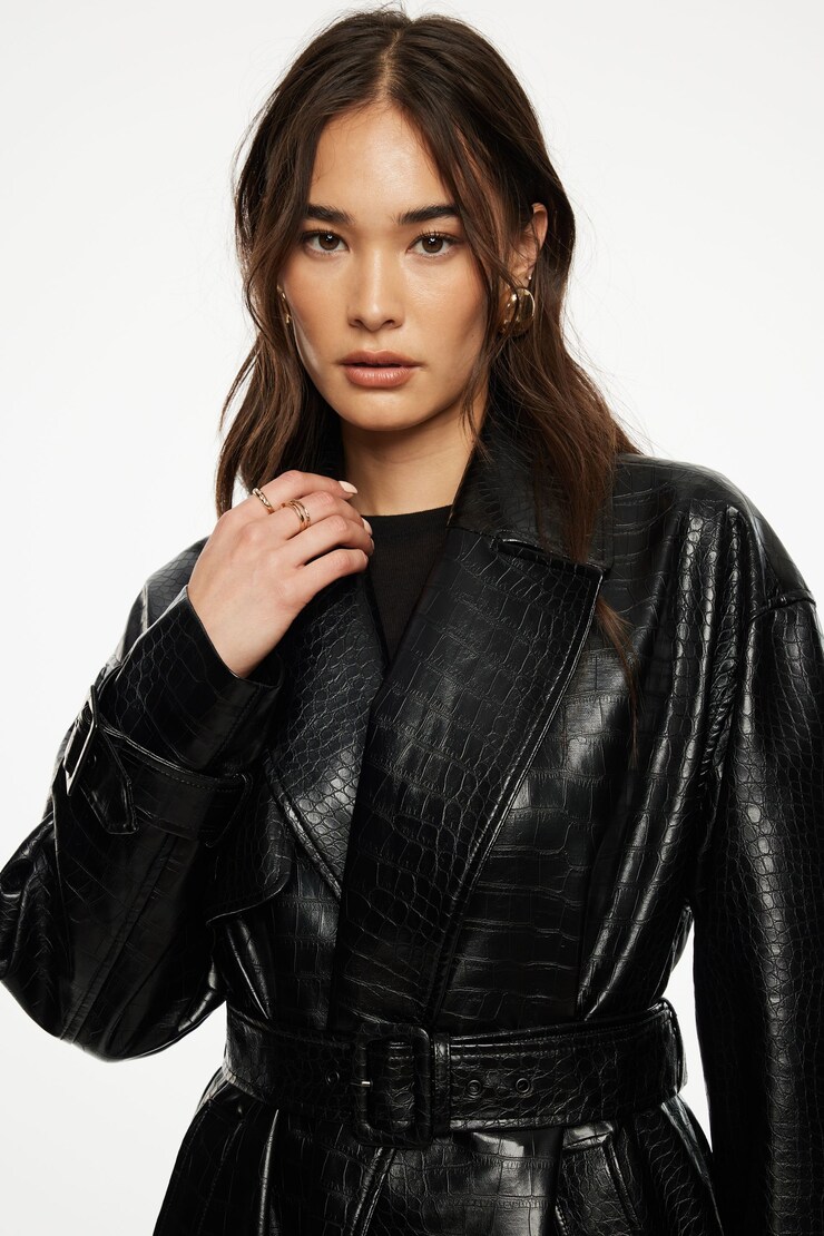 Crocodile Faux Leather Military Trench Coat Black | Dynamite