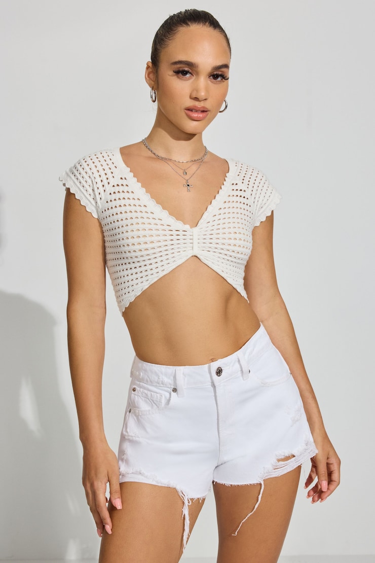 Sheer V-Neck Knit Crop Tee White | Garage